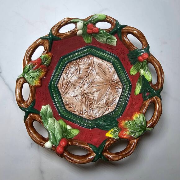 Fitz and Floyd Trio Christmas Lodge Fall Pinecone Leaf Tea Pot Plate and Bowl - Picture 5 of 10